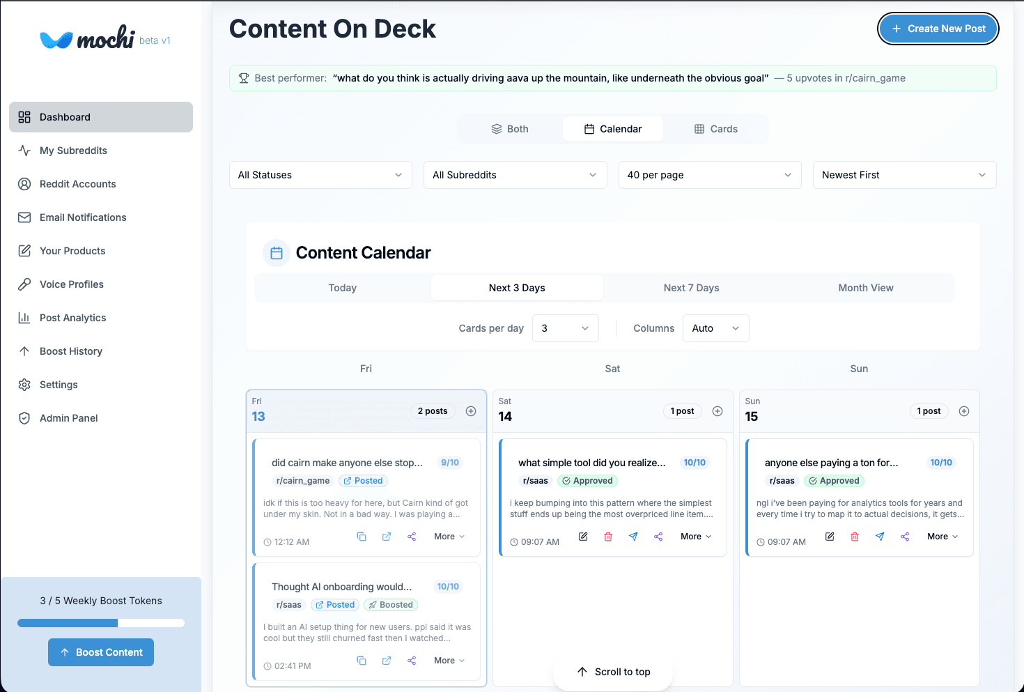 Mochi dashboard showing content calendar with scheduled Reddit posts